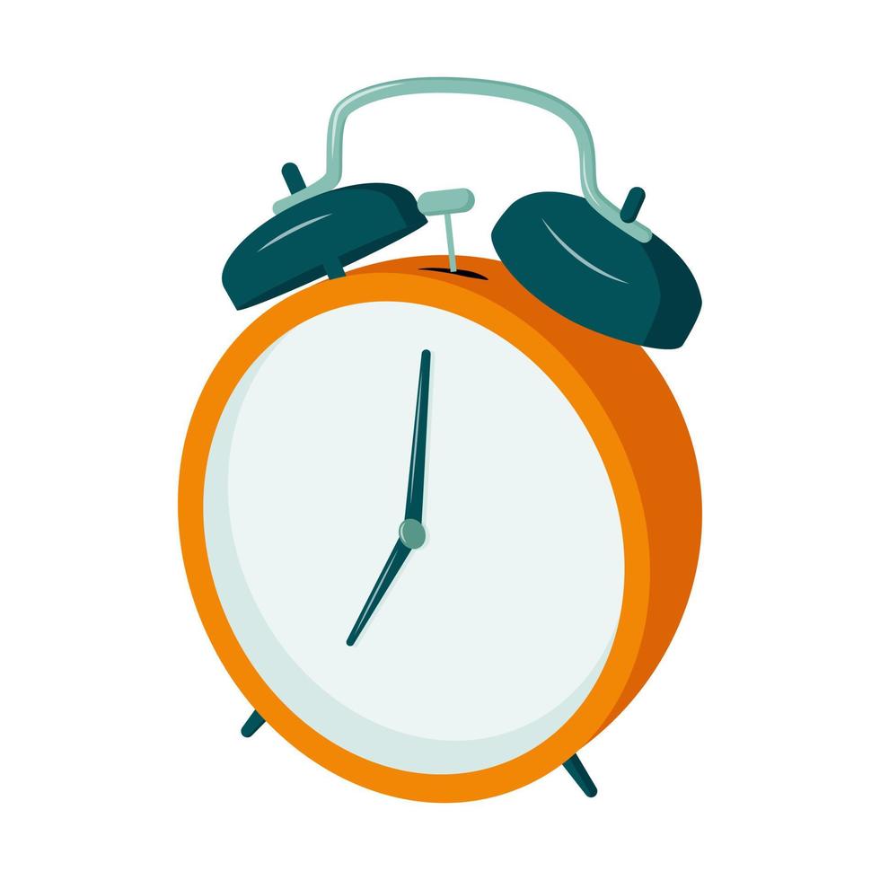 reloj despertador retro con martillo, 7 en punto. dibujado en perspectiva. hora de despertarse para la escuela y el trabajo. el icono con el reloj. aislado en un fondo blanco. Ilustración de vector de color en un estilo plano.