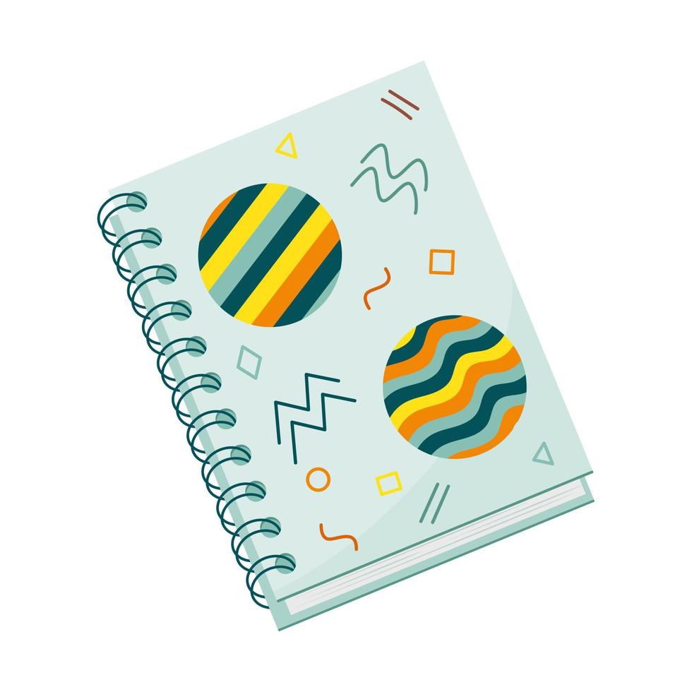 Closed spiral notebook for notes. Flat style. Cover with abstract shapes. Stationery for writing and drawing. Color vector illustration. Element isolated on a white background