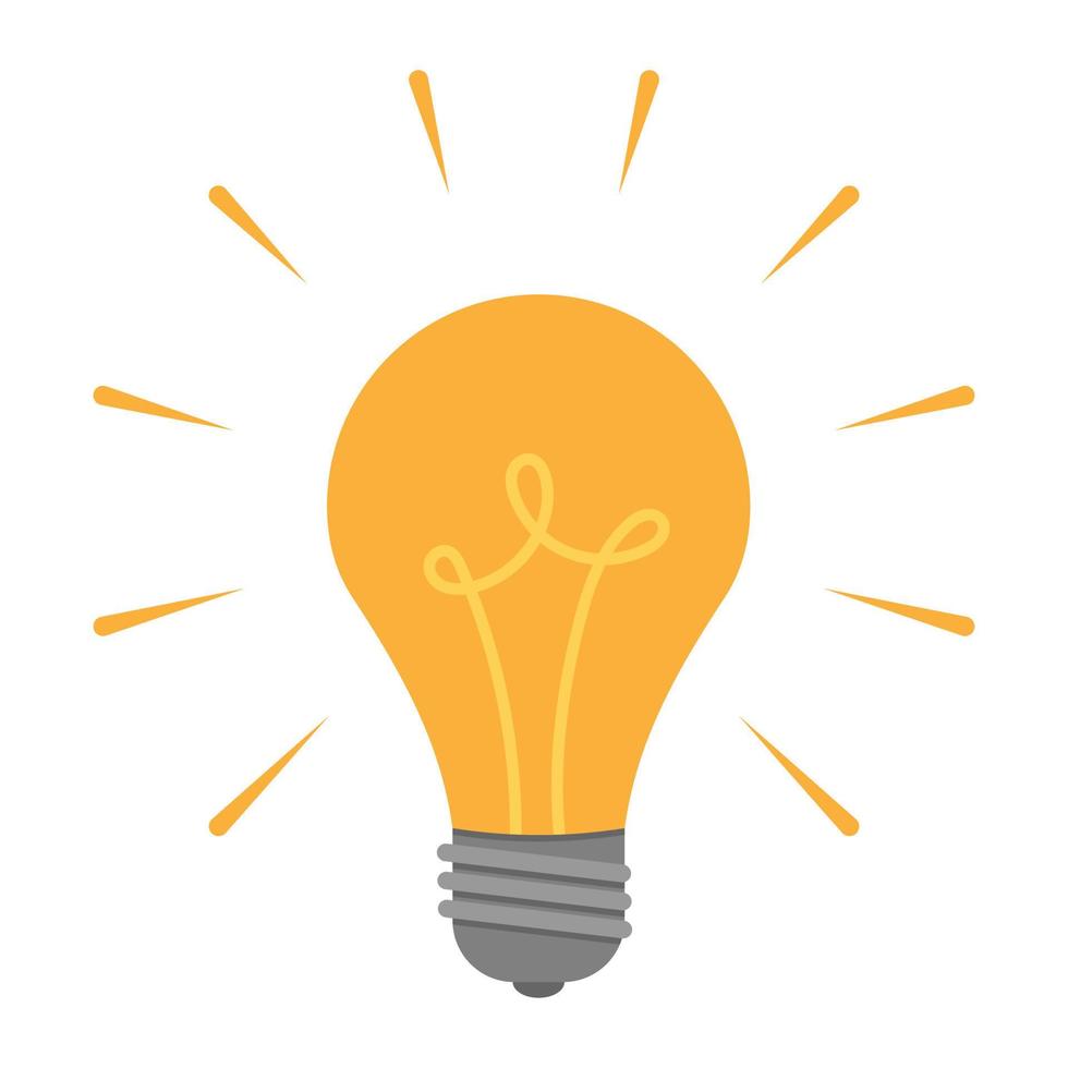 A burning light bulb in flat style. A symbol of new ideas and beginnings. Flat style. Isolated on a white background. Color vector illustration.