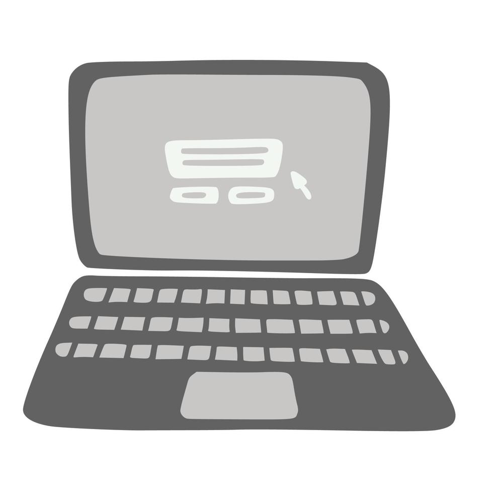 Open laptop in Doodle style. A blank monitor. Computer for work, study, and business. Electronic equipment for mobility. Hand drawn and isolated on a white background. Color vector illustration.