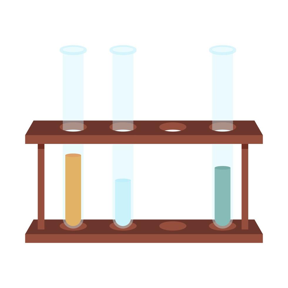 Test tubes for chemical experiments and analyses on a stand in a flat style. Medical inventory. Equipment for chemists. School equipment. Isolated on a white background. Color vector illustration.