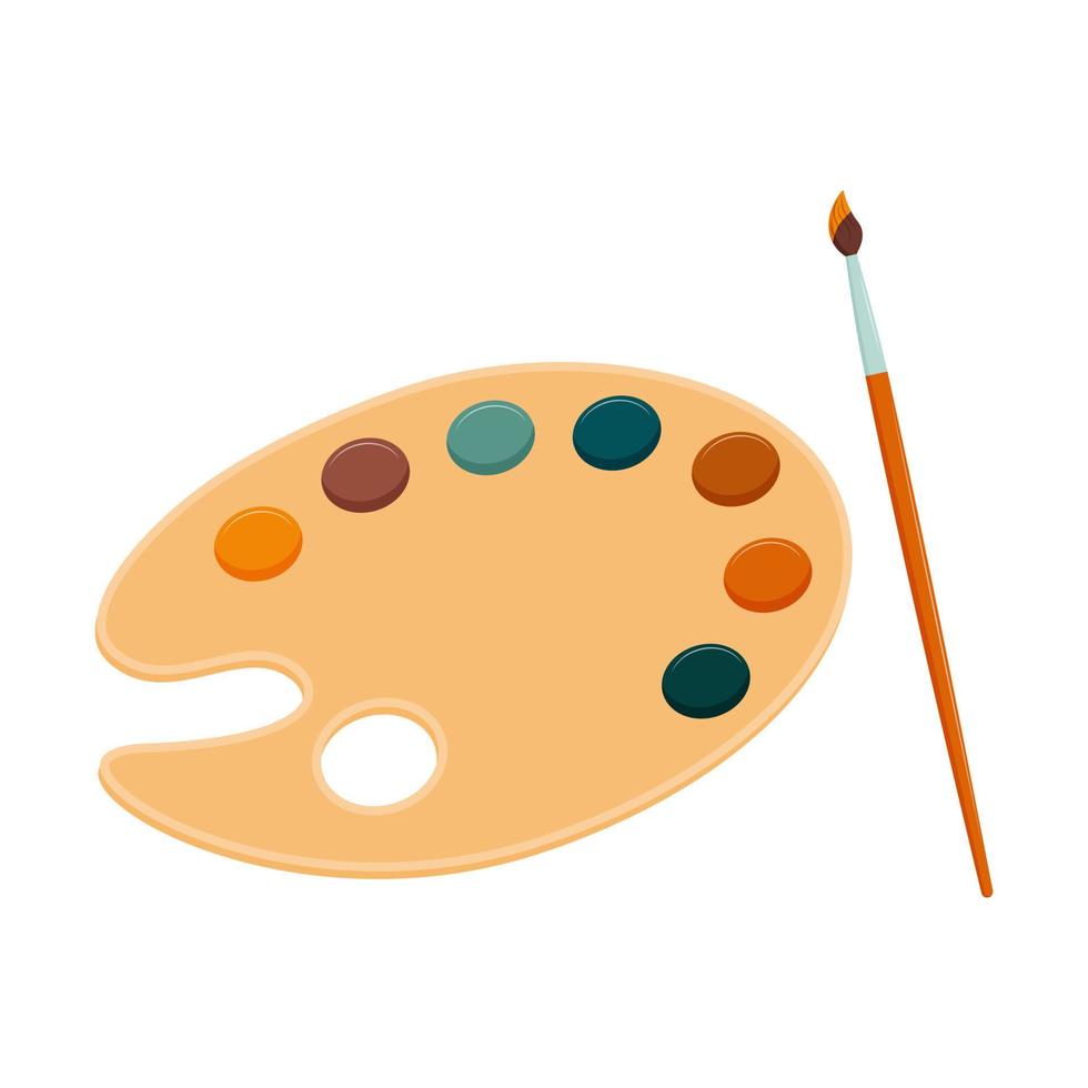 Wooden palette with paints and brush in paint. Supplies for school children and artists. Tools for drawing and creativity. Isolated on a white background.Color vector illustration in a flat style.