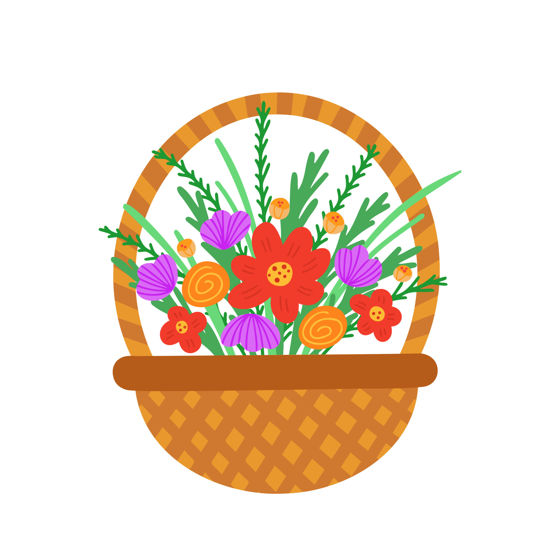 Basket of flowers. Wicker basket for home. Illustration for printing,  background, cover, packaging, greeting card, poster, sticker, textile and  seasonal design. Isolated on white background. 6922247 Vector Art at  Vecteezy