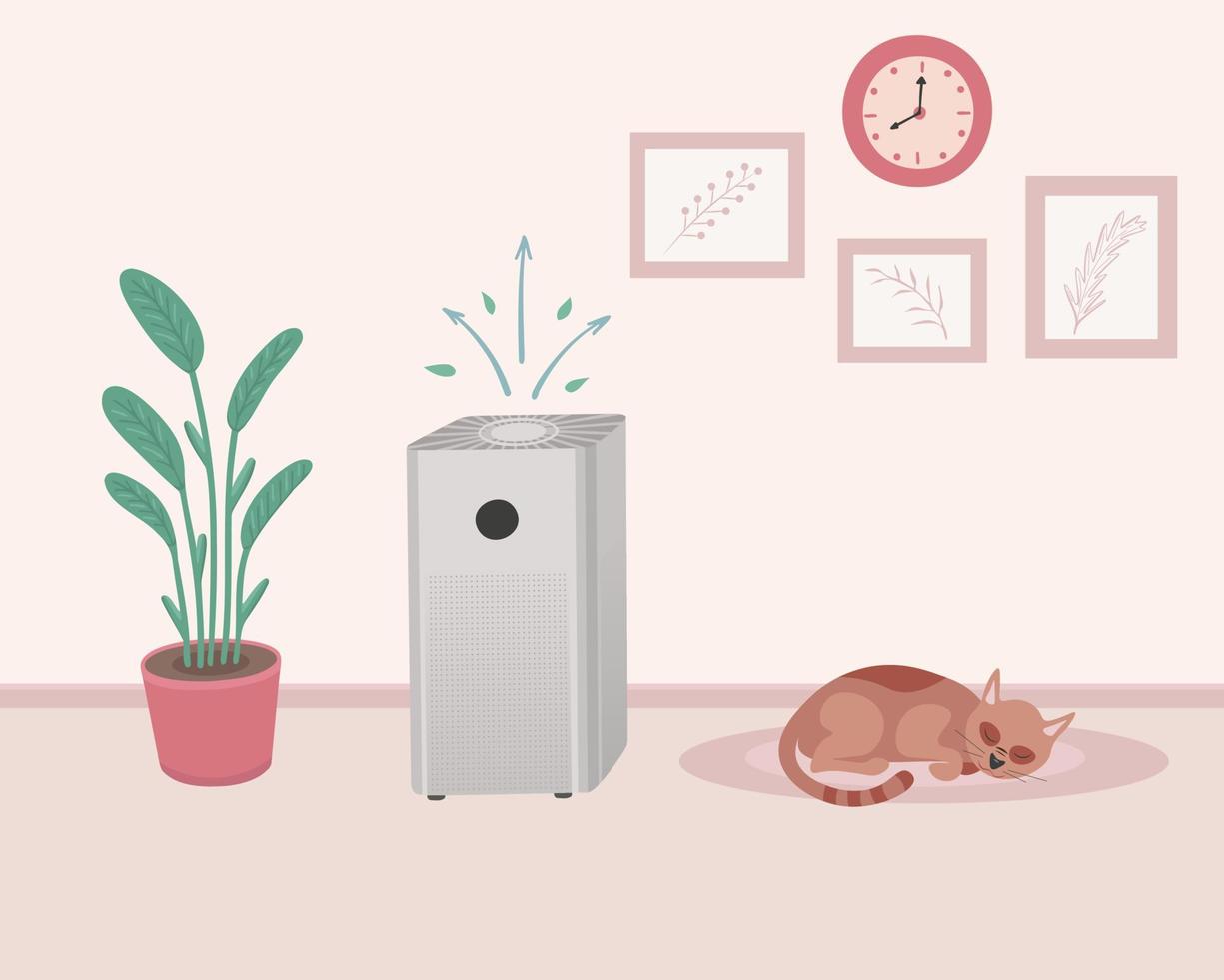 Air purifier home ad. Concept of allergy or covid prevention. Cat on carpet. Illustration for printing, backgrounds, covers, packaging, greeting cards, posters, textile and seasonal design. vector