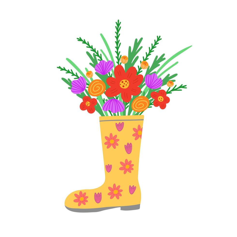Cute bouquet in yellow rubber boots. Spring, summer. Illustration for printing, backgrounds, covers, greeting cards, posters, stickers and seasonal design. Isolated on white background. vector