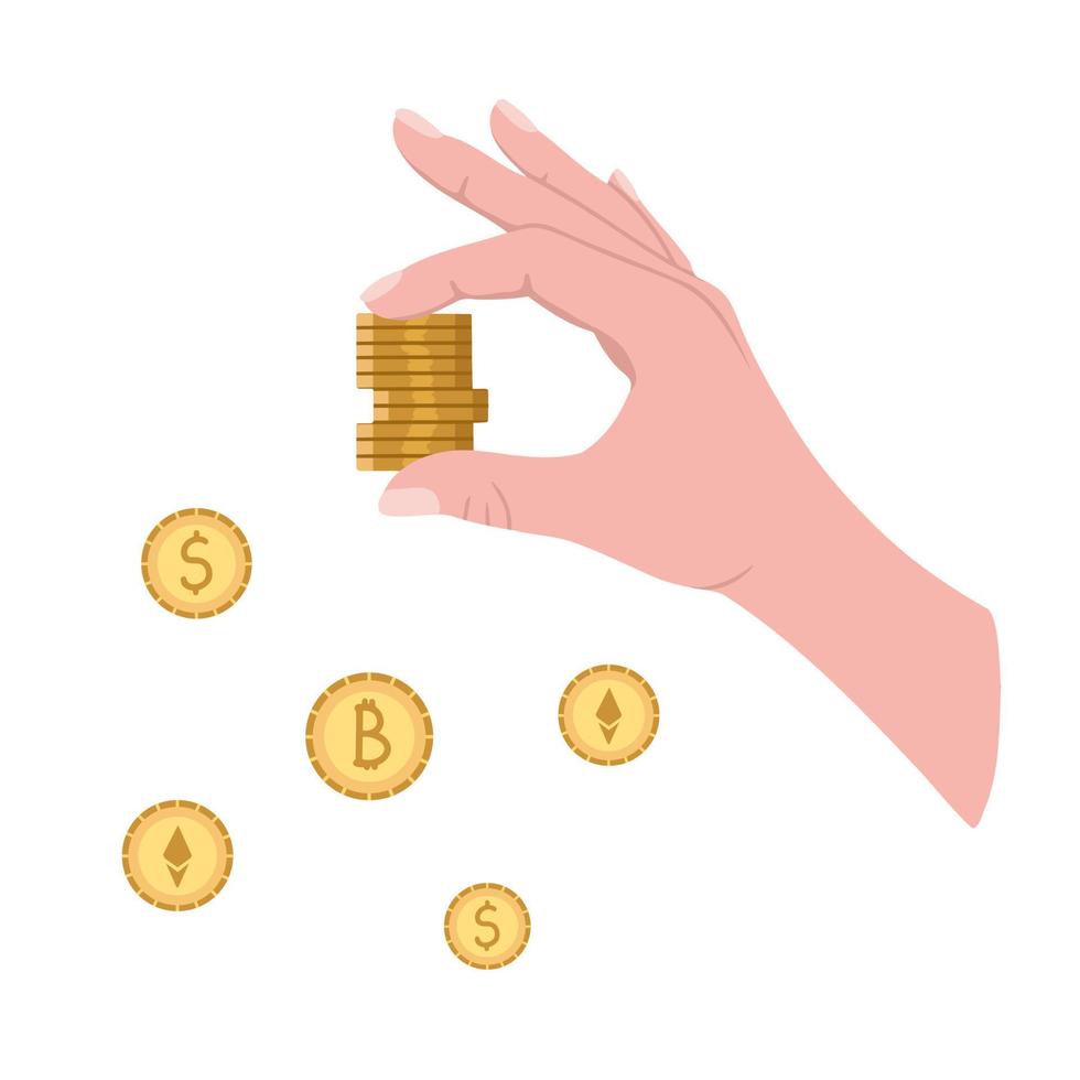 Hand with money, bitcoins, cryptocurrency. Money concept, golden coins design. Illustration for backgrounds, website, mobile app, posters and seasonal design. Isolated on white background. vector