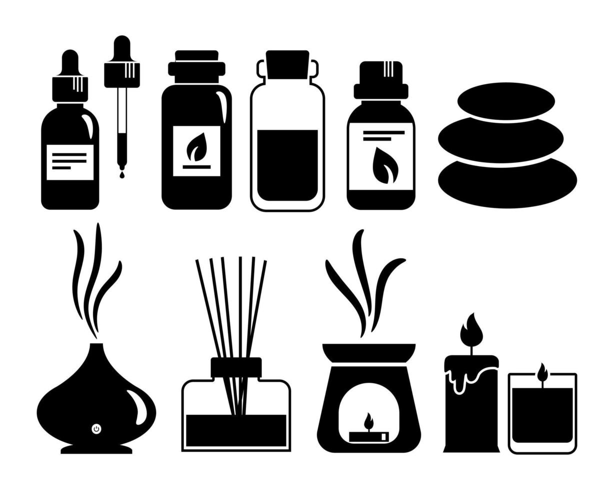 Aromatherapy black outline icon set with essential oils for spa and massage. Bottles with natural aroma oils, herbs, diffuser, candle for wellness and beauty Homeopathy and ayurveda therapy. vector