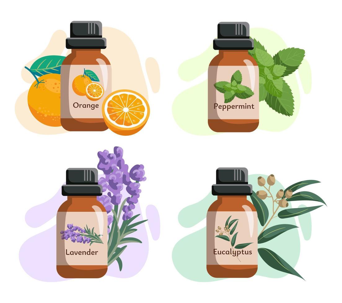 Set of glass bottles with essential oils. Orange, eucalyptycus, peppermint, tea tree oils. Label, sticker. Vector illustration isolated on white background.
