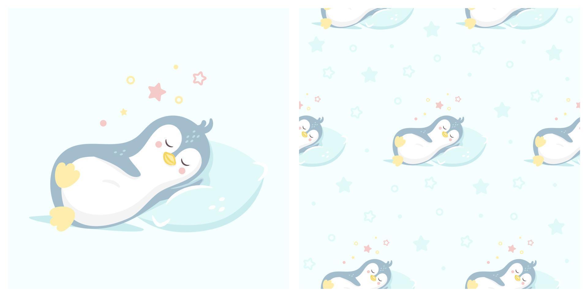 Vector Illustration of Cute sleeping penguin with seamless pattern. Can be used for baby t-shirt print, fashion print design, kids wear, baby shower celebration greeting and invitation card.