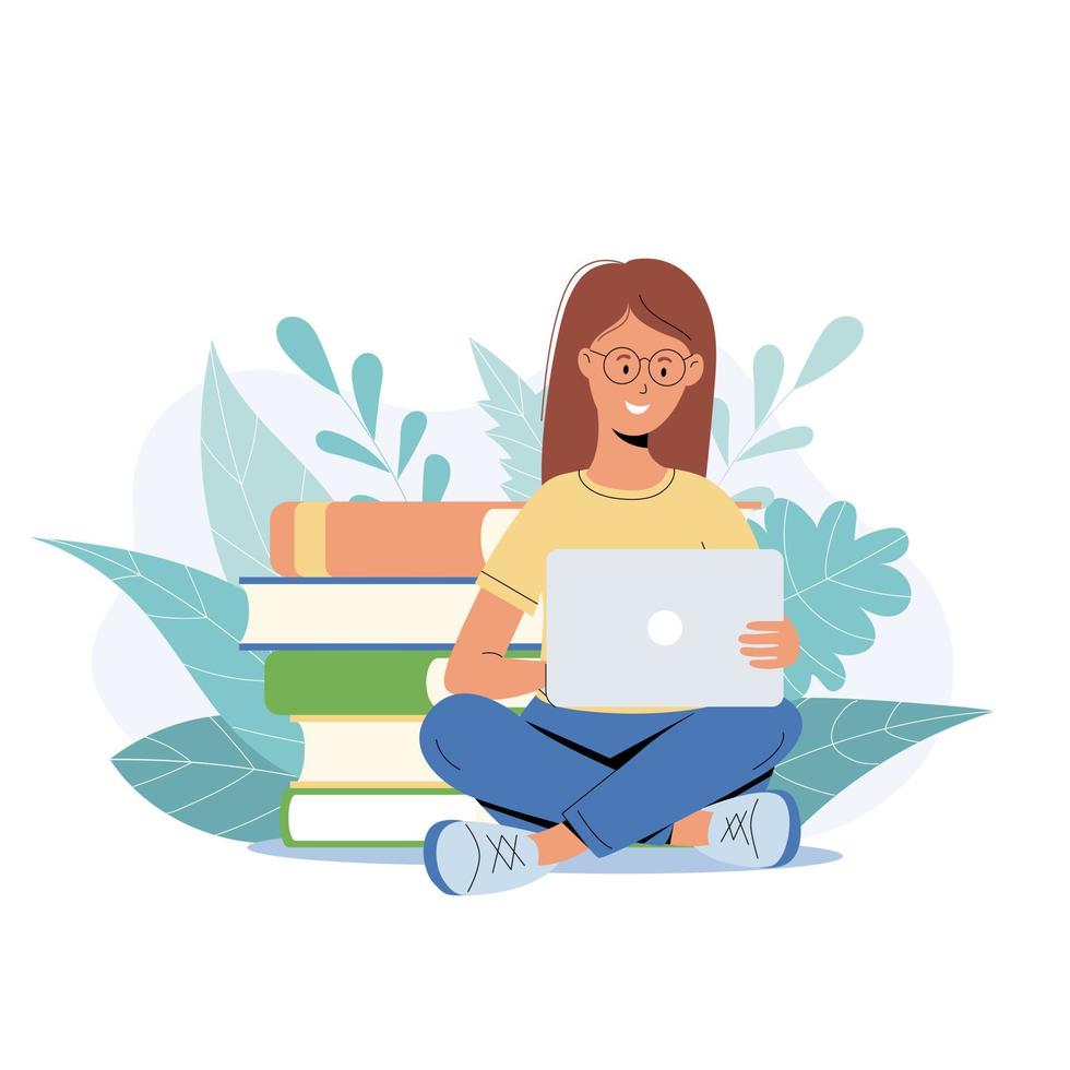 Student girl studying with laptop. Young woman sitting on stack of books, getting knowledge online vector