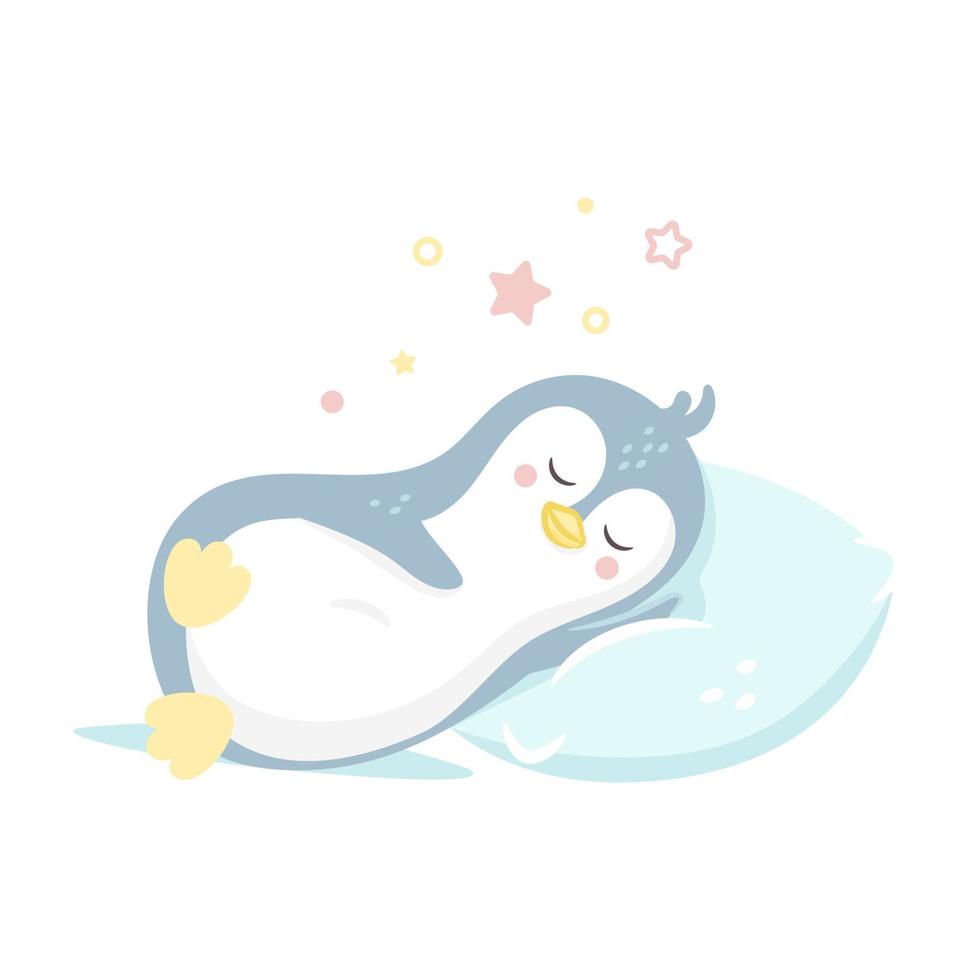 lindo pingüino durmiendo en la almohada. ilustración de icono de vector de dibujos animados. concepto de icono de sueño animal vector premium aislado. estilo de dibujos animados plana