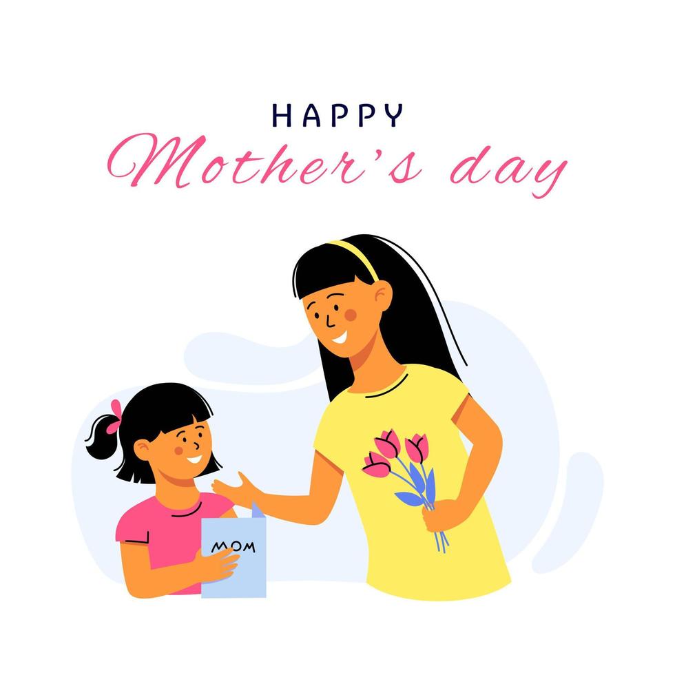 Happy mothers day card. Little daughter present a card to mother. Vector Illustration