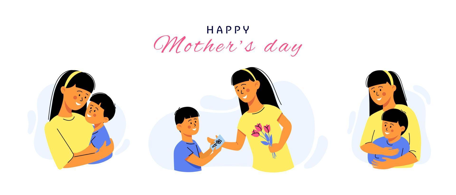 tarjeta del día de las madres felices. madre cargando a su pequeño hijo. conjunto de tres ilustraciones vectoriales vector