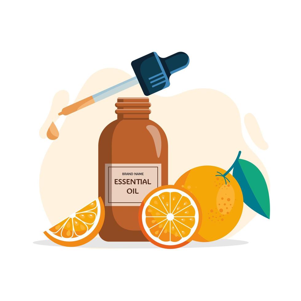 aceite esencial de naranja en botella de vidrio y naranjas frescas aisladas sobre fondo blanco. ilustración de vector de icono.