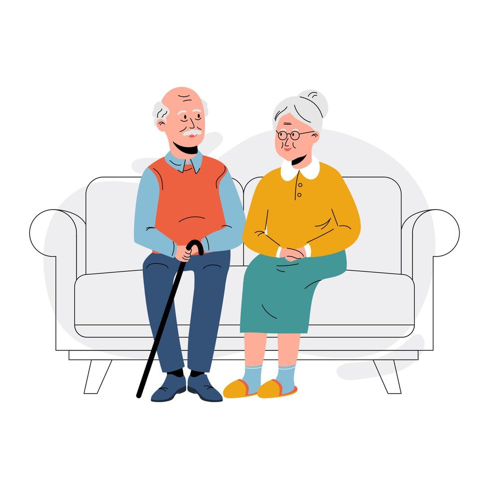 pareja de ancianos sentados en el sofá de casa. pareja de ancianos jubilados enamorados. familia de abuelos, abuela y abuelo amigos felices sentados en el sofá vector