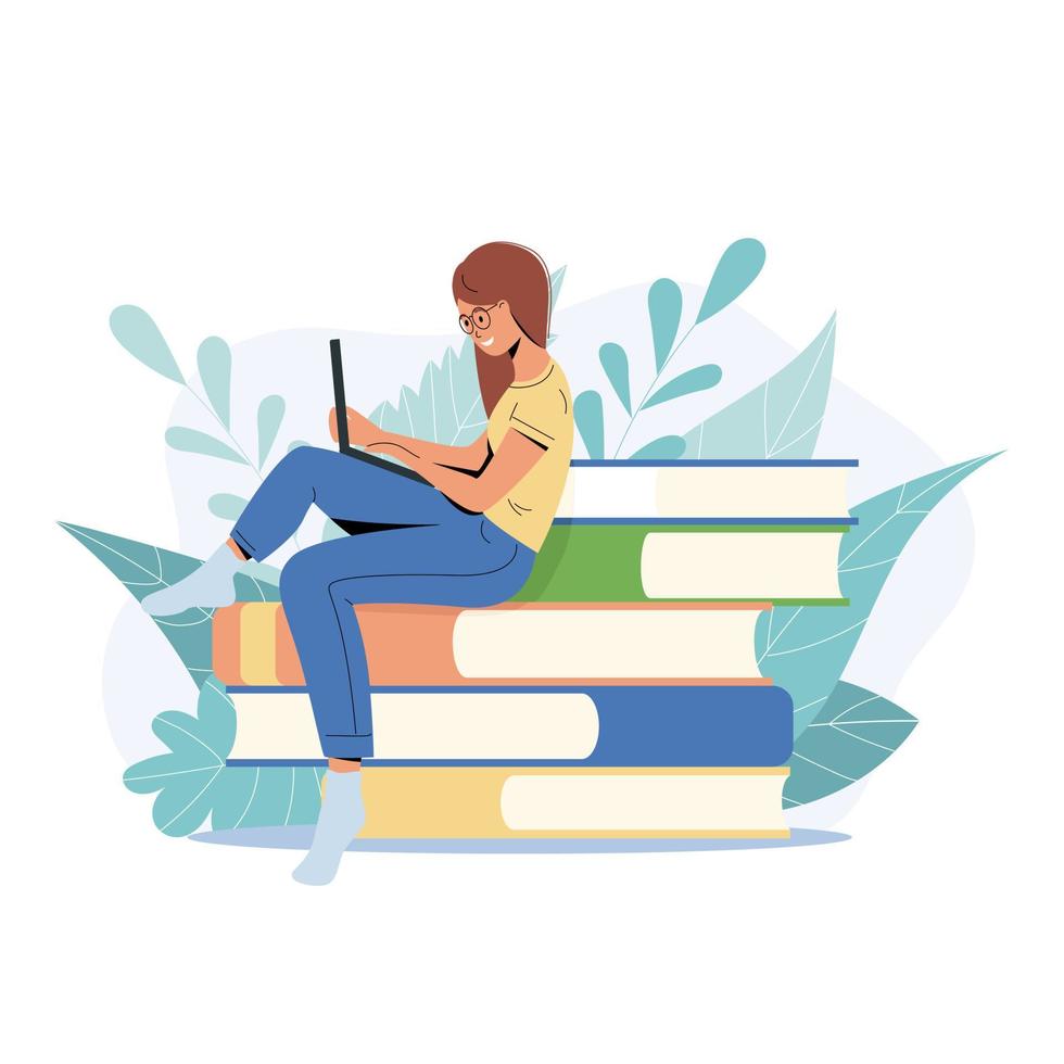 Student girl studying with laptop. Young woman sitting on stack of books, getting knowledge online vector