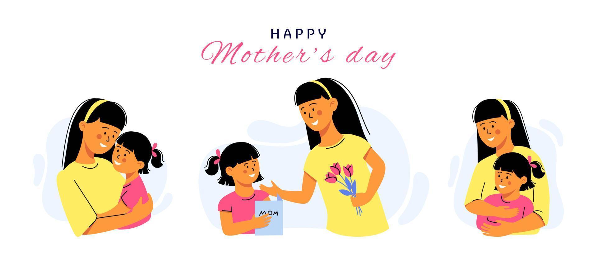 tarjeta del día de las madres felices. madre cargando a su pequeña hija. conjunto de tres ilustraciones vectoriales vector