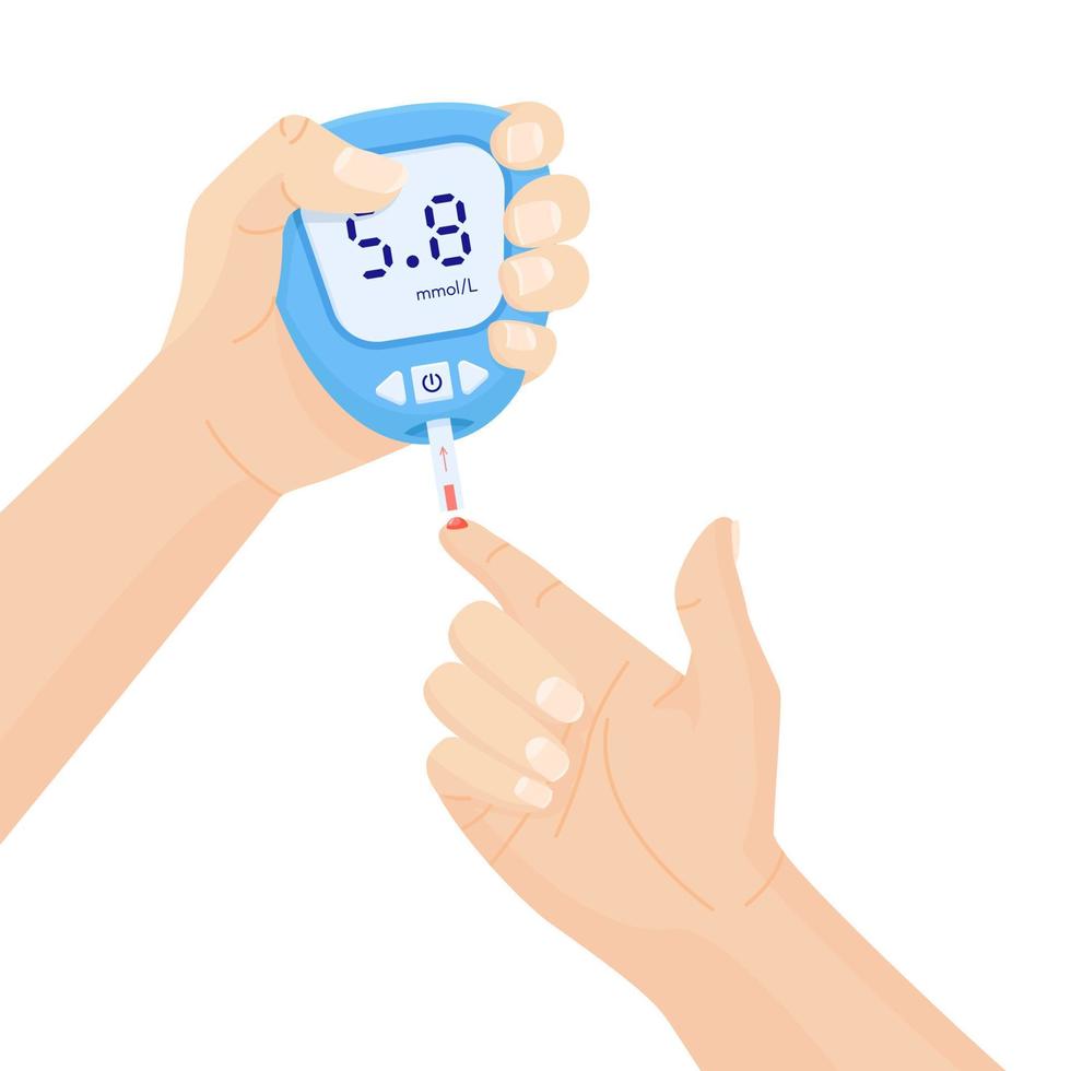 Portable glucometer with normal values. Blood glucose test. Blood sugar readings. Diabetes control and diagnostics. Medical measurement apparatus. Vector illustration