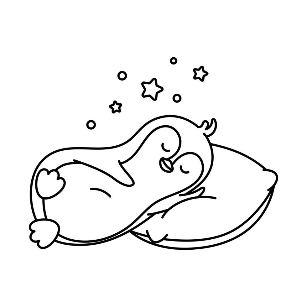 pingüino durmiendo en la almohada. icono de pájaro animal polar ilustración vectorial línea gruesa vector