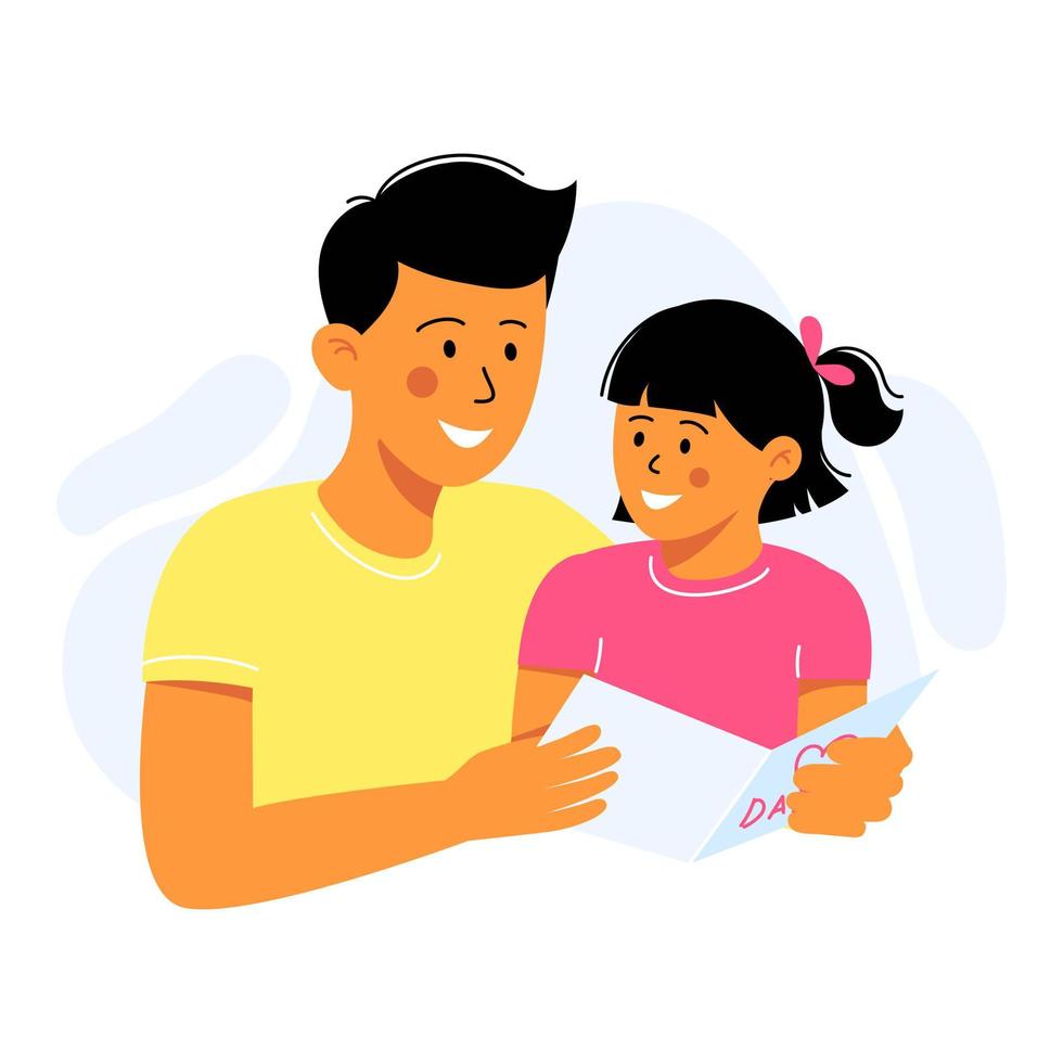 papá feliz y su hija miran la tarjeta. el padre está sosteniendo al niño. dia del padre. ilustración vectorial aislada en blanco para tarjeta, banner web, sitio vector