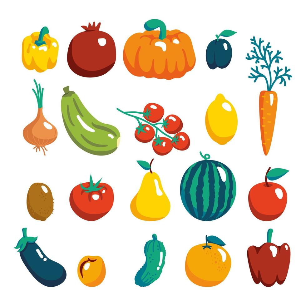Big set of vector objects of hand drawn vector fruit and vegetables isolated on white background.Healthy vegan food. Flat cartoon illustration.
