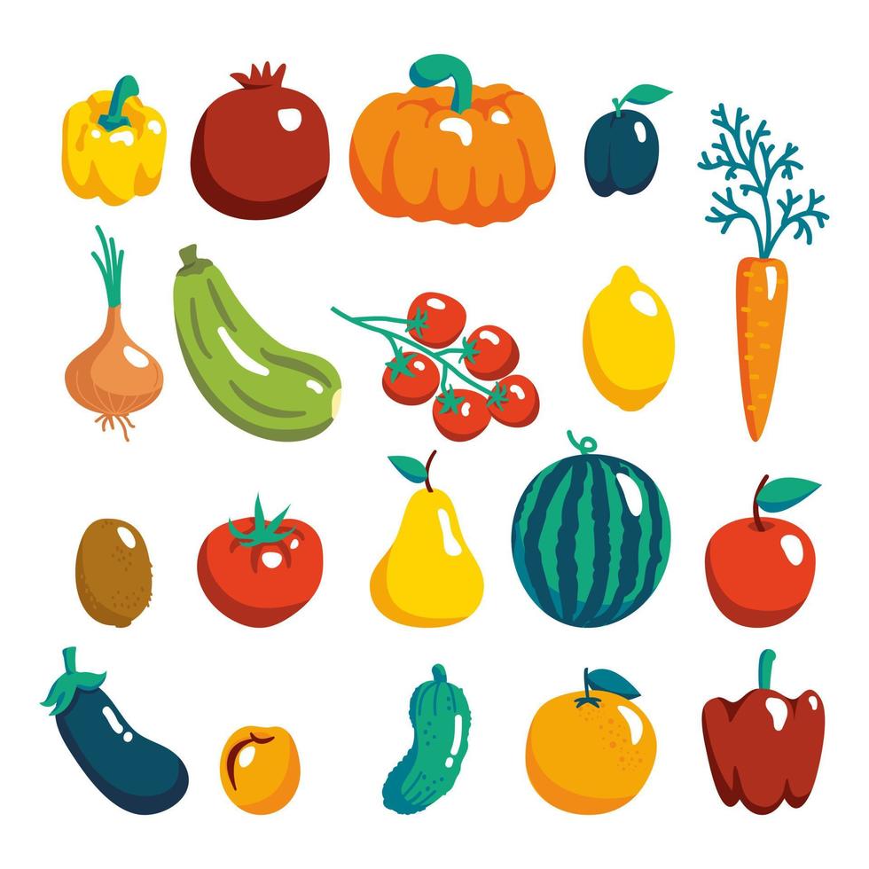 gran conjunto de objetos vectoriales de frutas y verduras vectoriales dibujadas a mano aisladas sobre fondo blanco.comida vegana saludable. ilustración de dibujos animados plana. vector