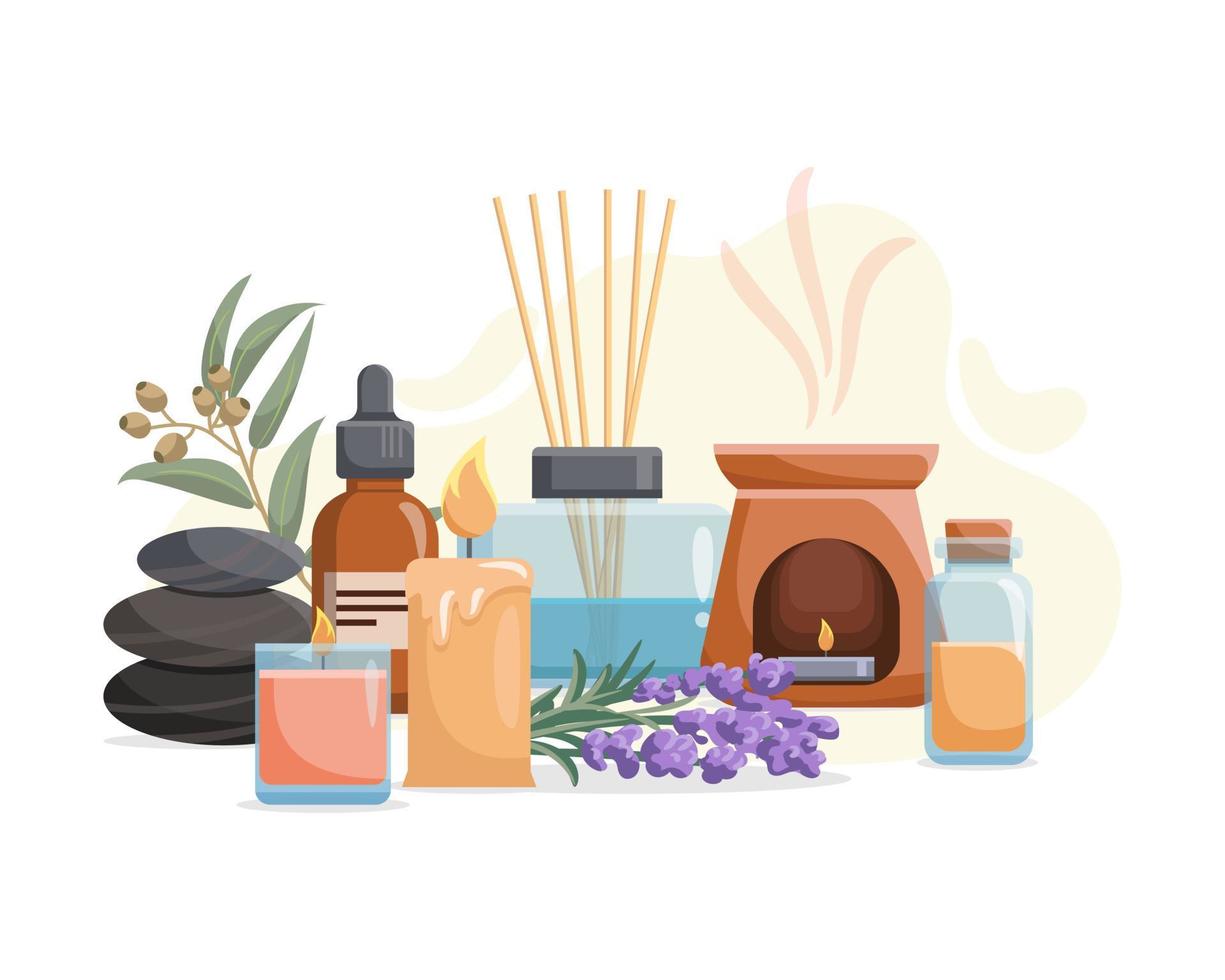 Composition with aromatherapy accessories with essential oils. Aroma lamp, diffuser, essential oil, stones and aromatic flowers. Vector illustration on white background.