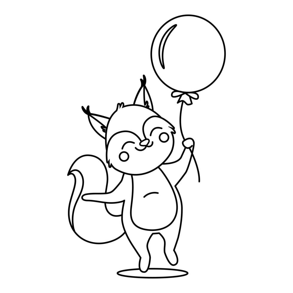 Coloring page. Little cute squirrel fly and holds balloon in the hands. Squirrel smiles. vector