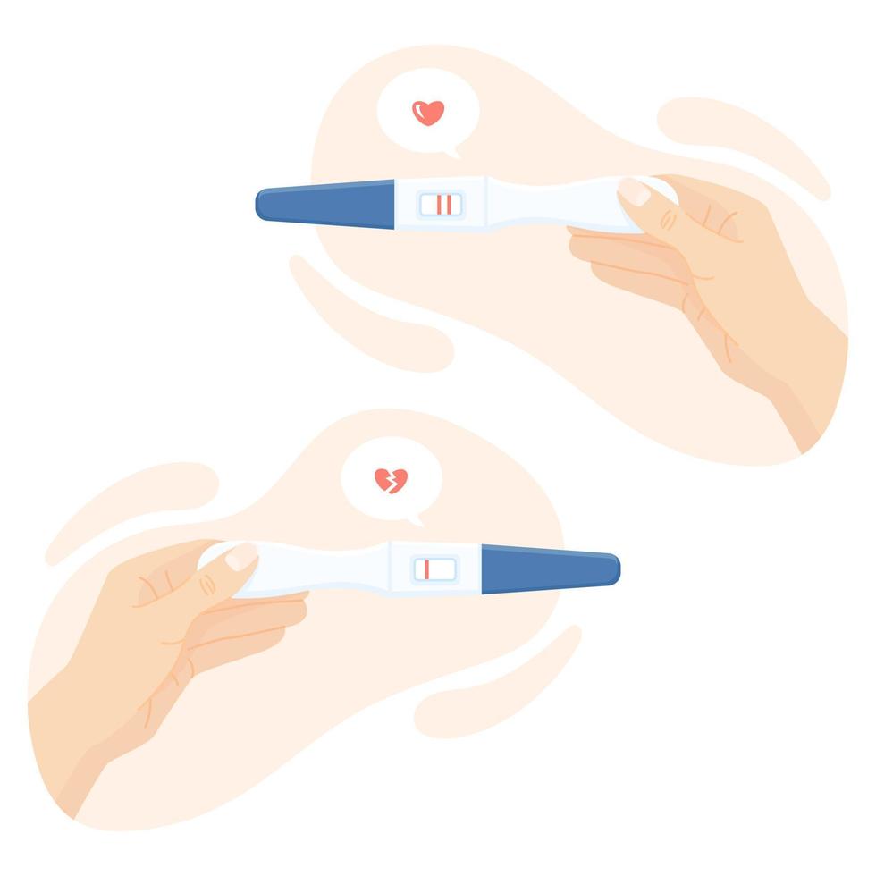 Pregnancy or ovulation positive and negative test in woman hand top view isolated on abstract background. Female reproductive design, planning of pregnancy concept. Vector illustration