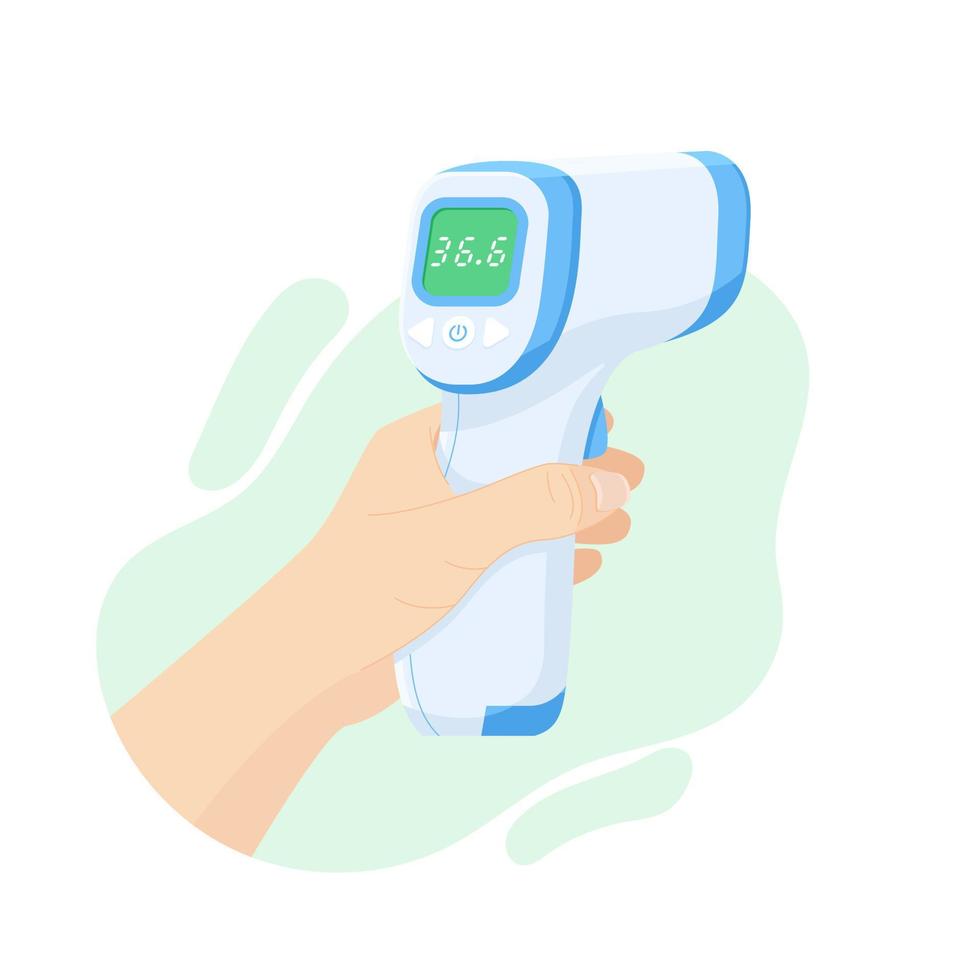 Digital non-contact infrared thermometer in hand doctor. Medical thermometer measuring body temperature. Vector flat design. Isolated white background. Prevention of coronavirus disease 2019-nCoV.