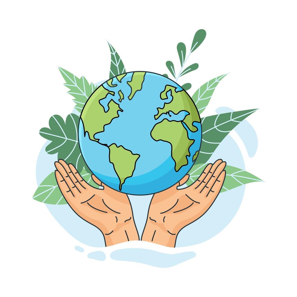 salve el planeta. manos sosteniendo globo, tierra. concepto del día de la tierra. ilustración vectorial de iconos sobre la protección del medio ambiente y la conservación de la naturaleza. vector