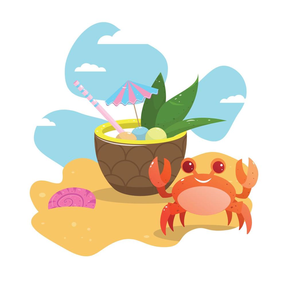 Funny crab on the beach in the sand. Pineapple cocktail on the beach. vector