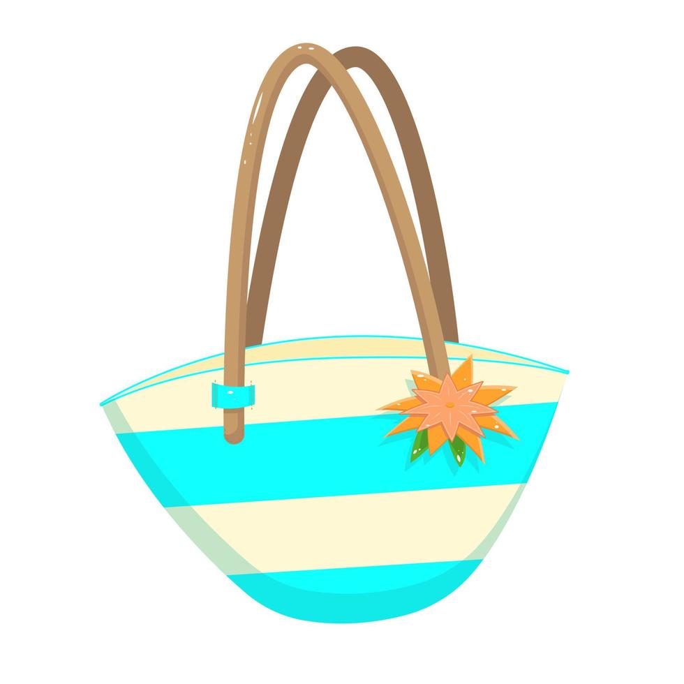 Striped beach bag with an orange flower. Vector illustration