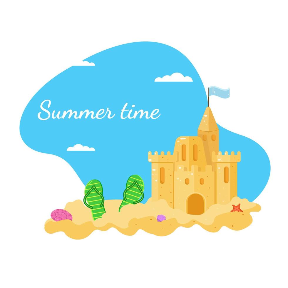 Summer greeting card. Summer time. Sand castle on the beach. vector