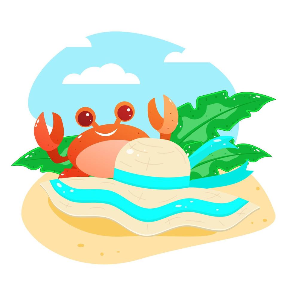 Summer greeting card. Postcard. Vector. Funny crab on the beach in the sand. A straw hat. vector