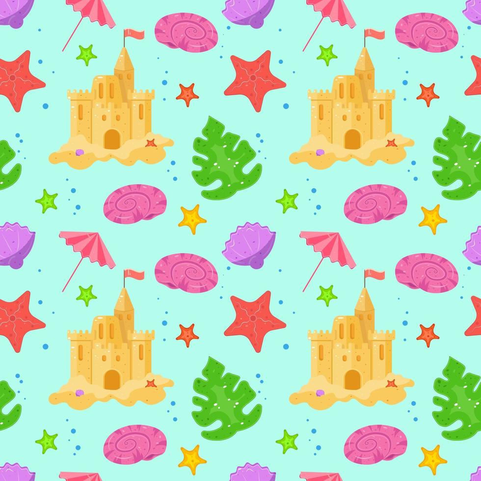 Seamless background of summer things. Vector. Sand castle. vector