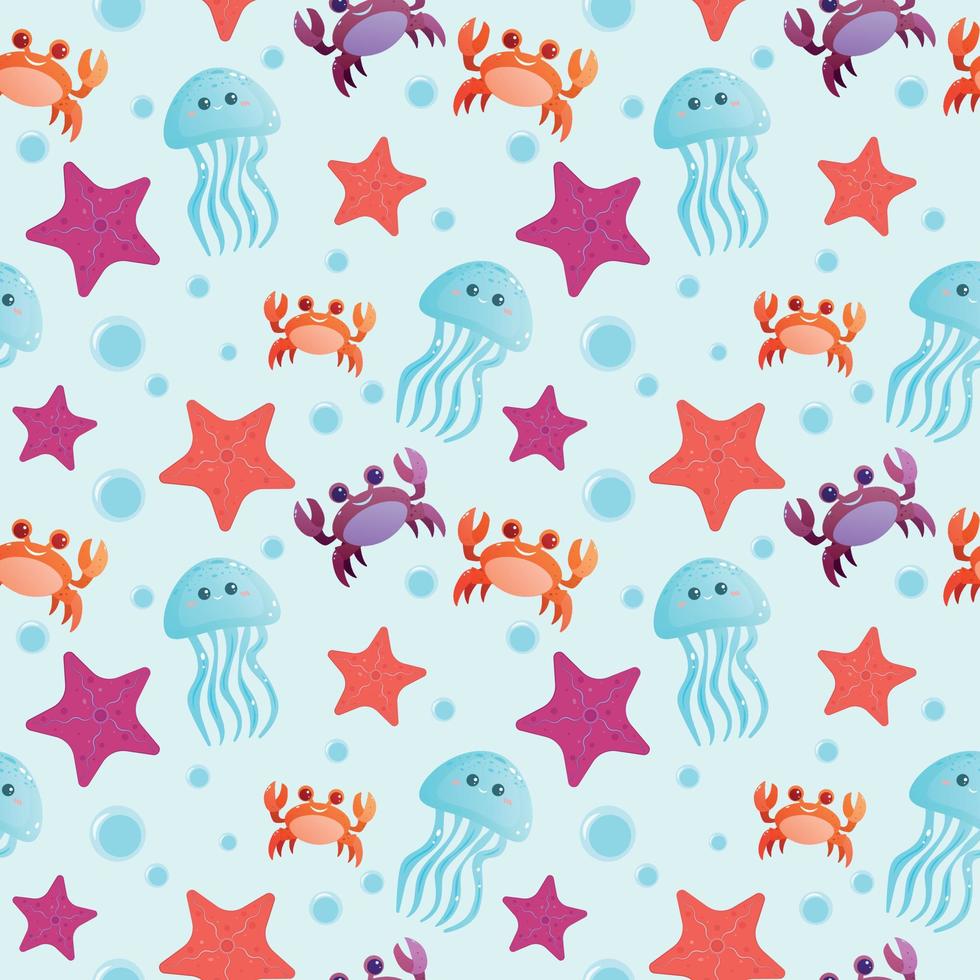 Seamless background. Marine life. Vector illustration. Jellyfish and crab in the ocean.