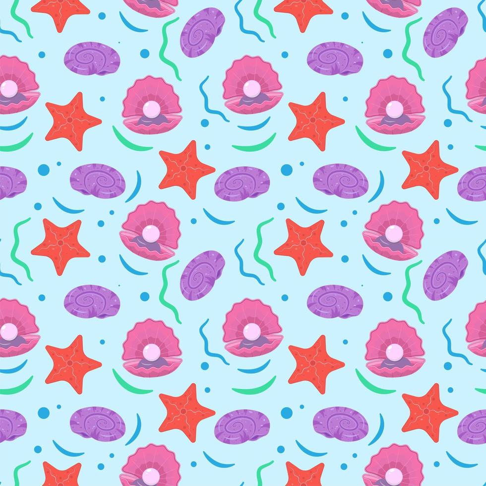 Seamless background. Marine life. Vector illustration. A pearl in a shell. Sink.