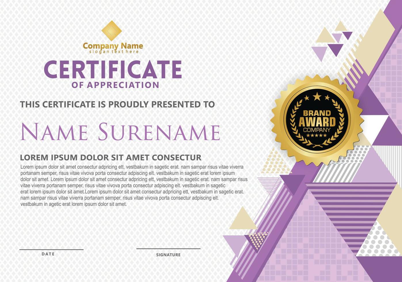 modern certificate template with triangle with halftone on line ornament on pattern background. vector
