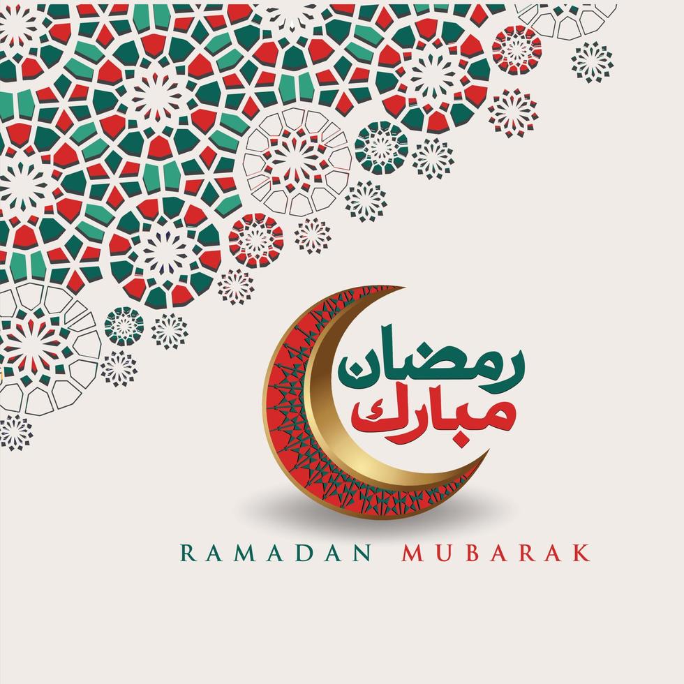 diseño lujoso y elegante ramadan kareem con caligrafía árabe, luna creciente y detalles coloridos ornamentales islámicos de mosaico para saludo islámico.ilustración vectorial. vector