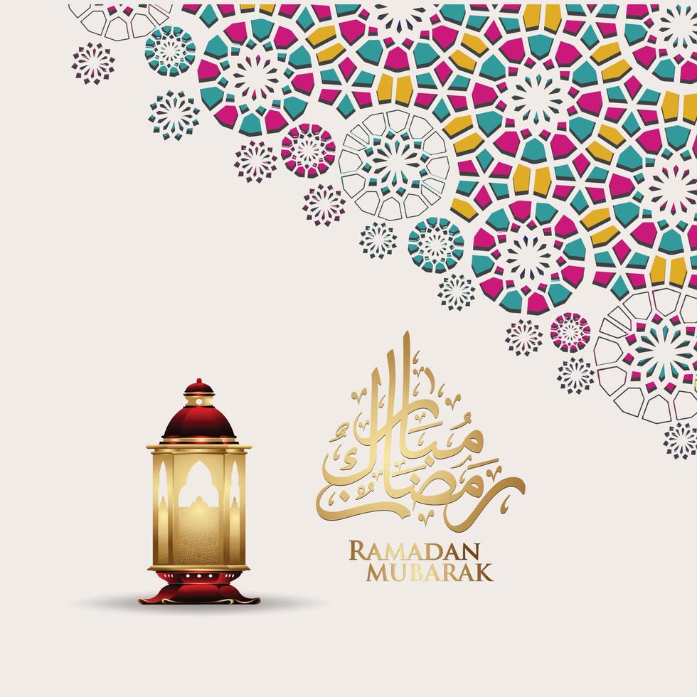 diseño lujoso y elegante ramadan kareem con caligrafía árabe, linterna tradicional y colorido detalle ornamental islámico de mosaico para saludo islámico.ilustración vectorial. vector