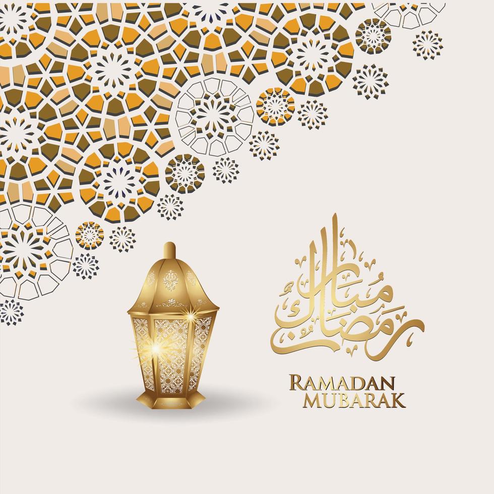 diseño lujoso y elegante ramadan kareem con caligrafía árabe, linterna tradicional y colorido detalle ornamental islámico de mosaico para saludo islámico.ilustración vectorial. vector