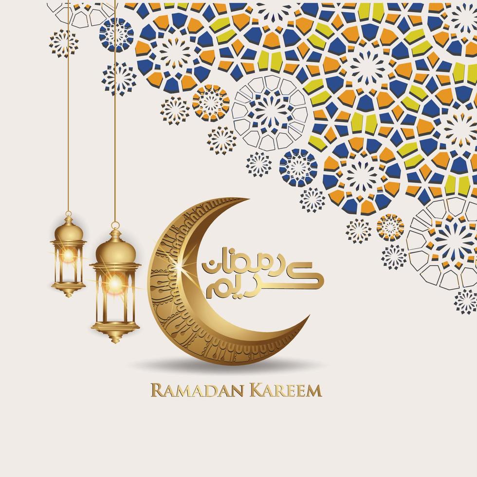 diseño lujoso y elegante ramadan kareem con caligrafía árabe, linterna tradicional, luna creciente y colorido detalle ornamental islámico de mosaico para saludo islámico.ilustración vectorial. vector