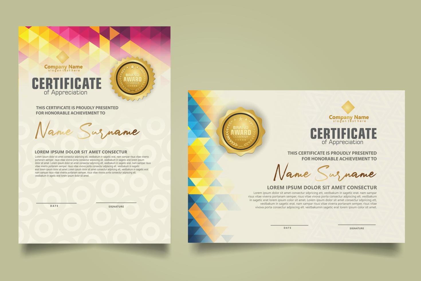 Set certificate template with triangle geometric polygonal background vector