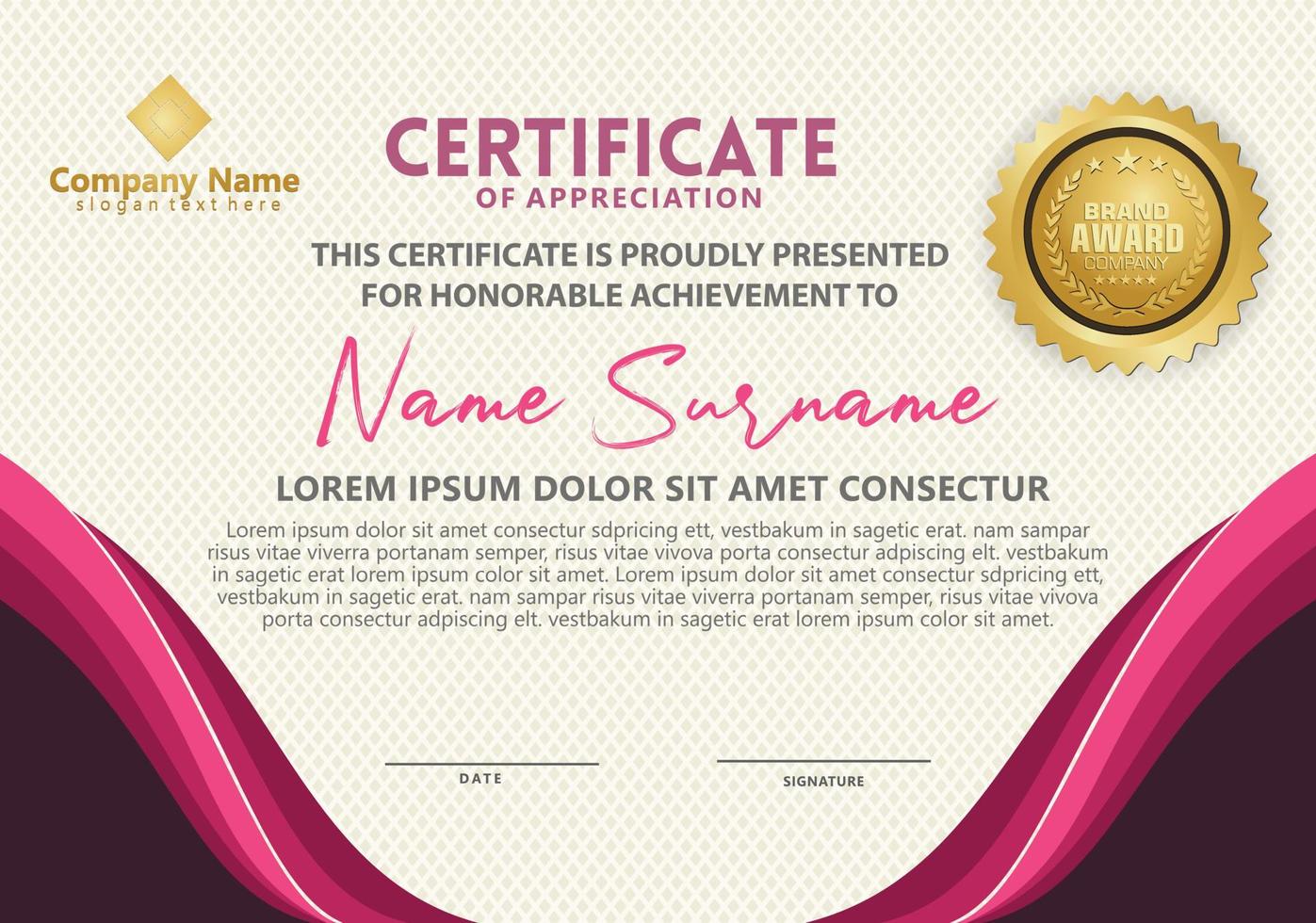 modern certificate template with flow lines ornament on pattern background. vector