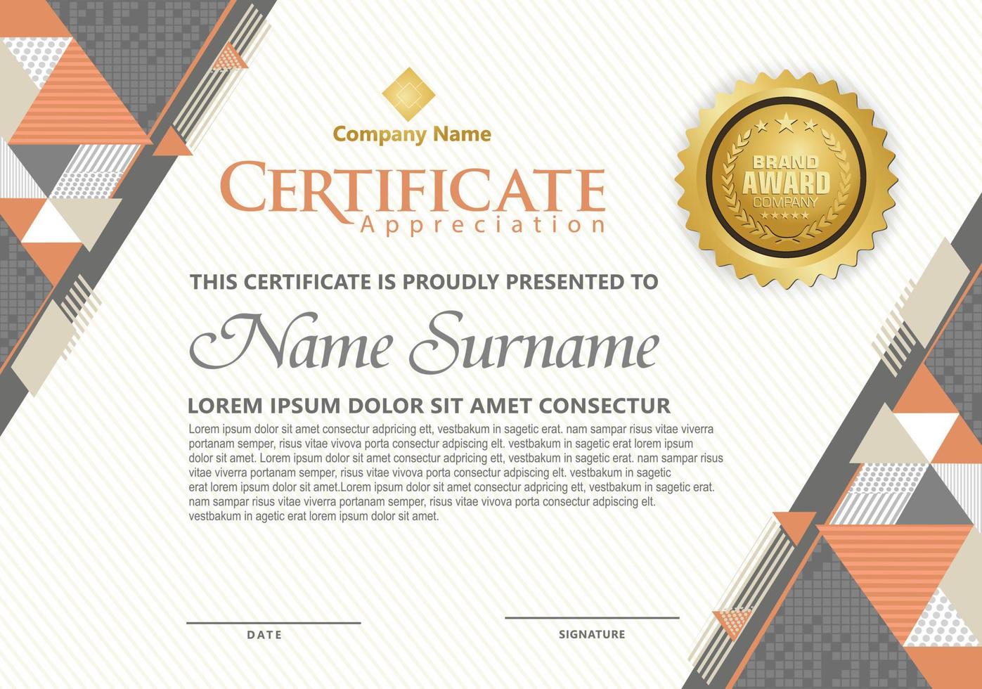 modern certificate template with triangle with halftone on line ornament on pattern background. vector