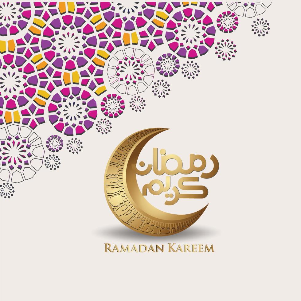 diseño lujoso y elegante ramadan kareem con caligrafía árabe, luna creciente y detalles coloridos ornamentales islámicos de mosaico para saludo islámico.ilustración vectorial. vector