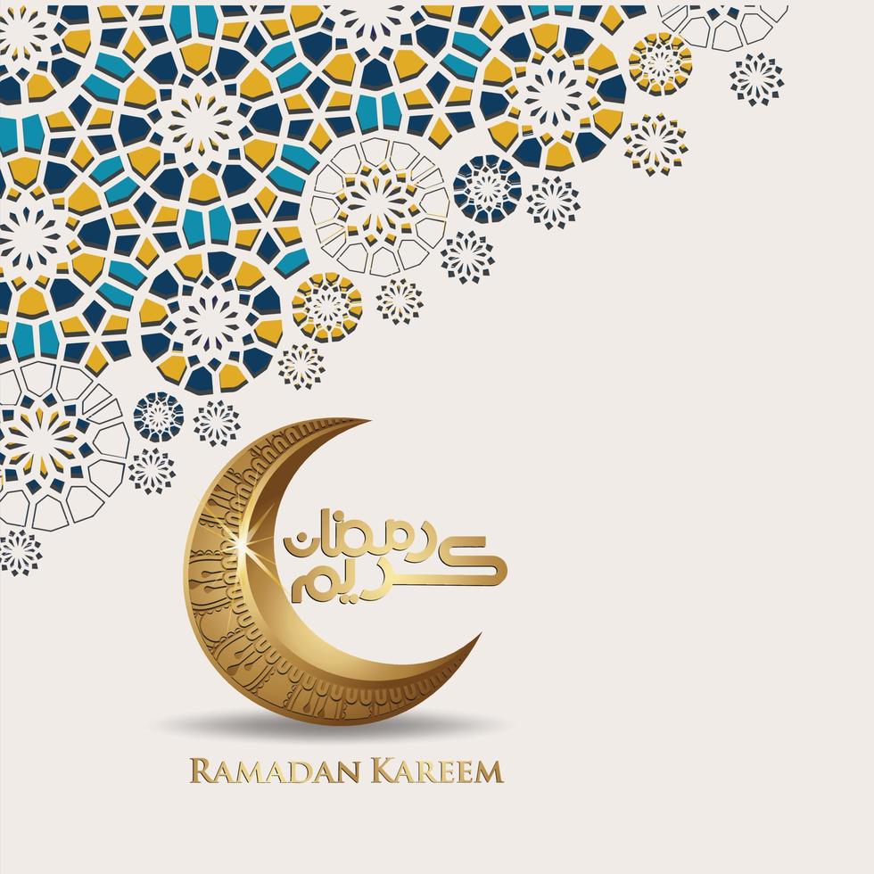 diseño lujoso y elegante ramadan kareem con caligrafía árabe, luna creciente y detalles coloridos ornamentales islámicos de mosaico para saludo islámico.ilustración vectorial. vector