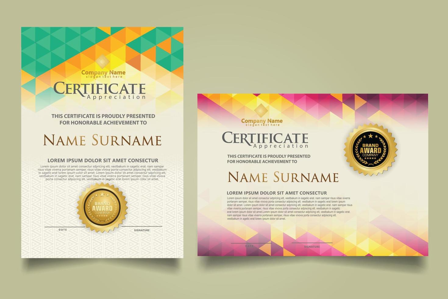 Set certificate template with triangle geometric polygonal background vector