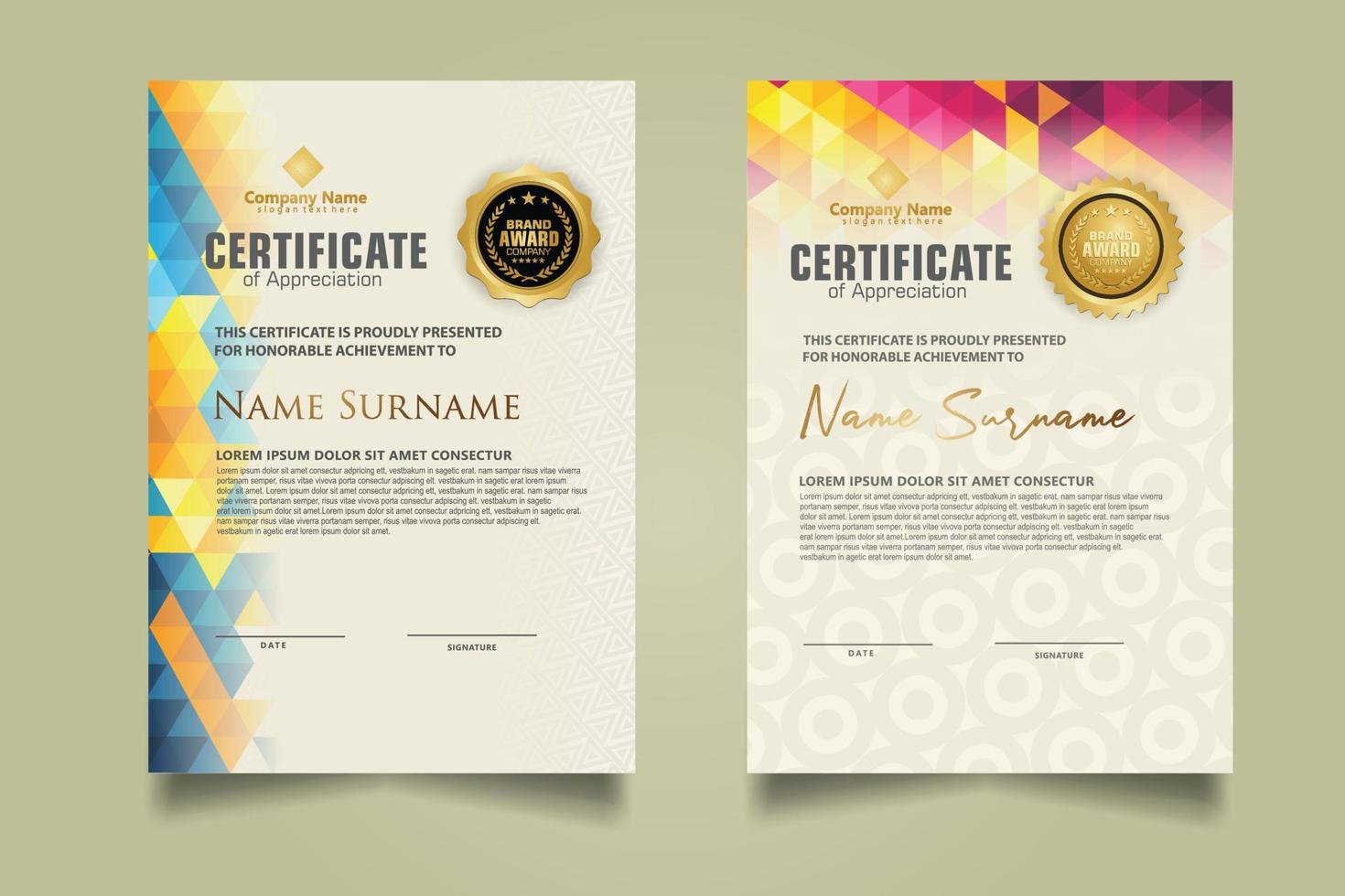 Set certificate template with triangle geometric polygonal background vector